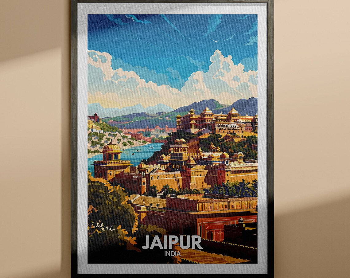 Jaipur India Travel Poster Amber Fort Pink City Illustration