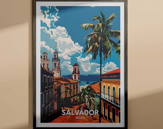 Salvador Brazil Colonial Street Churches Palm Tree Travel Poster