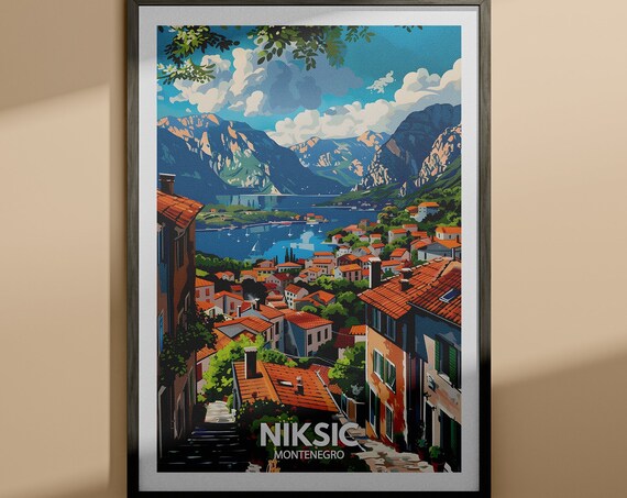 Niksic Montenegro Vintage Coastal Bay Travel Poster Red Roofs Scene