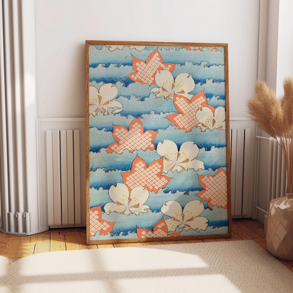 Japanese Woodblock Maple Leaves and Blossoms Blue Wave Poster