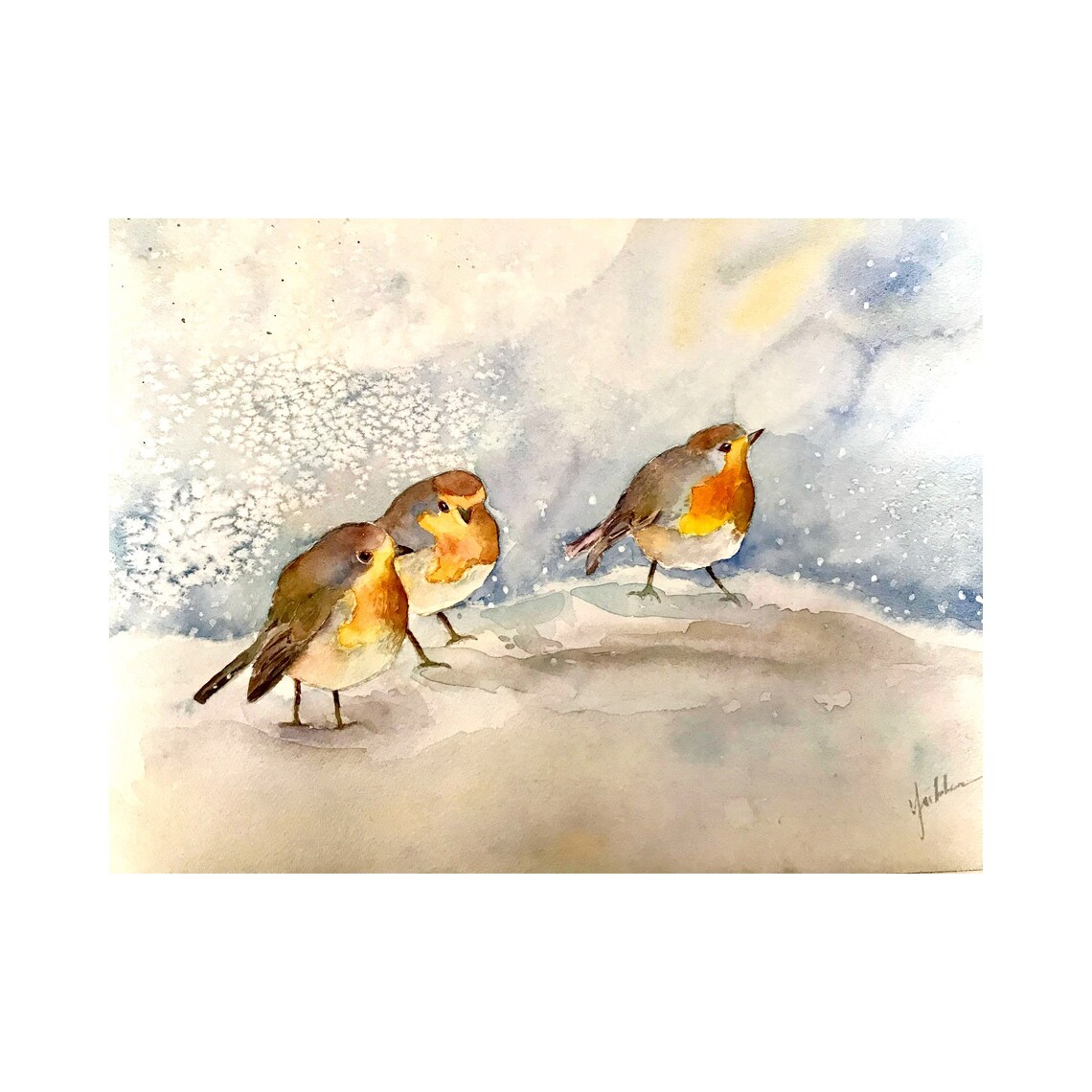 Three European Robins in Falling Snow Watercolor Winter Poster - Image 3