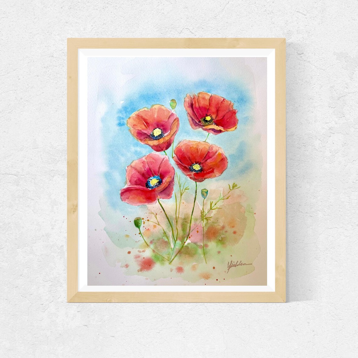 Four Red Poppies Dancing in a Summer Breeze Watercolor Poster - Image 6