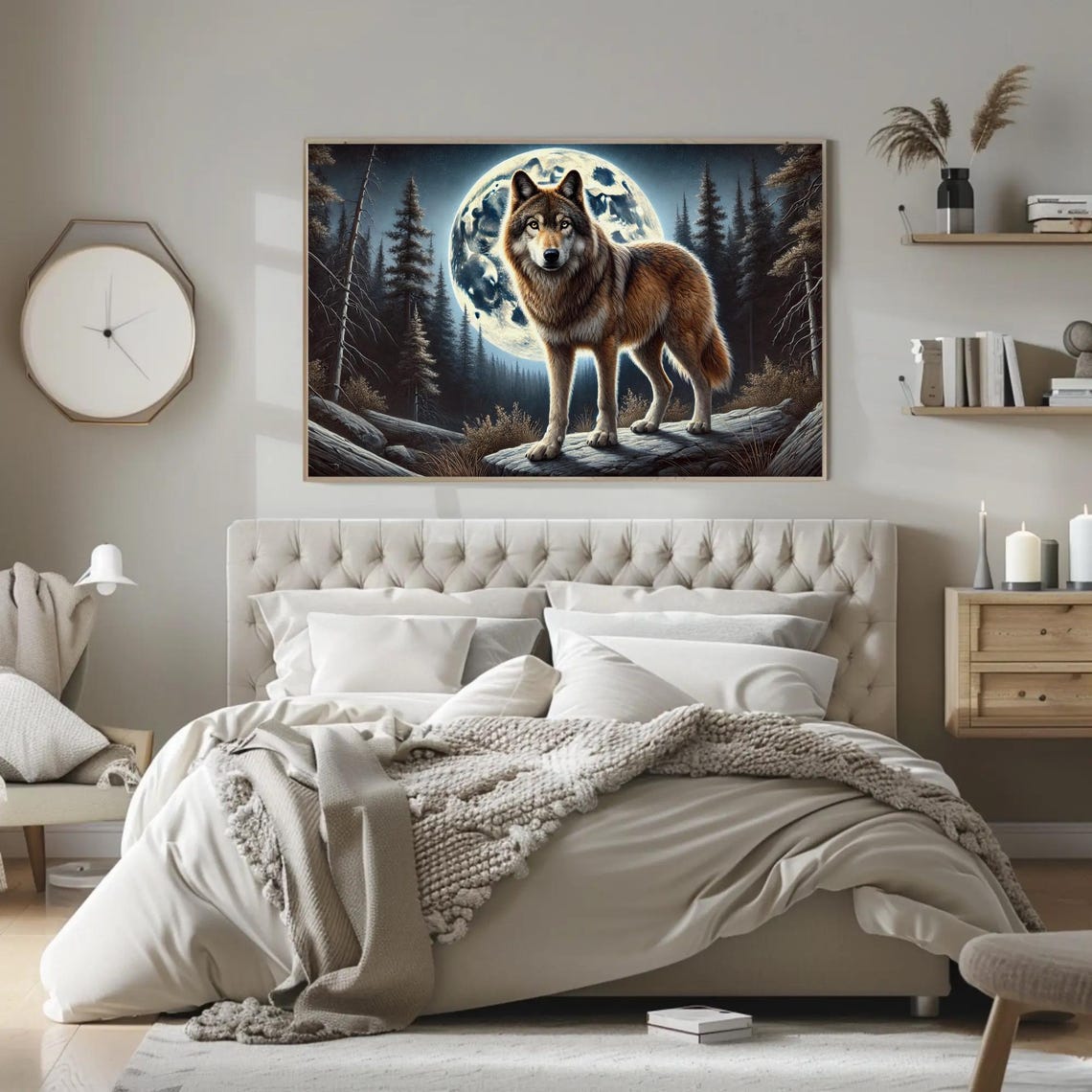 Wolf Full Moon Night Pine Forest Standing Majestic Wildlife Poster - Image 2