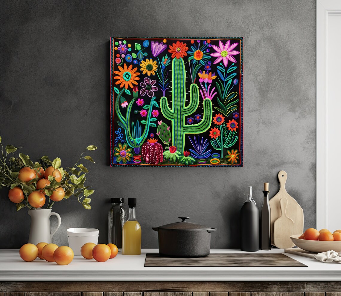 Desert Cactus and Wildflowers Huichol Yarn Art Poster Black Background - Image 3