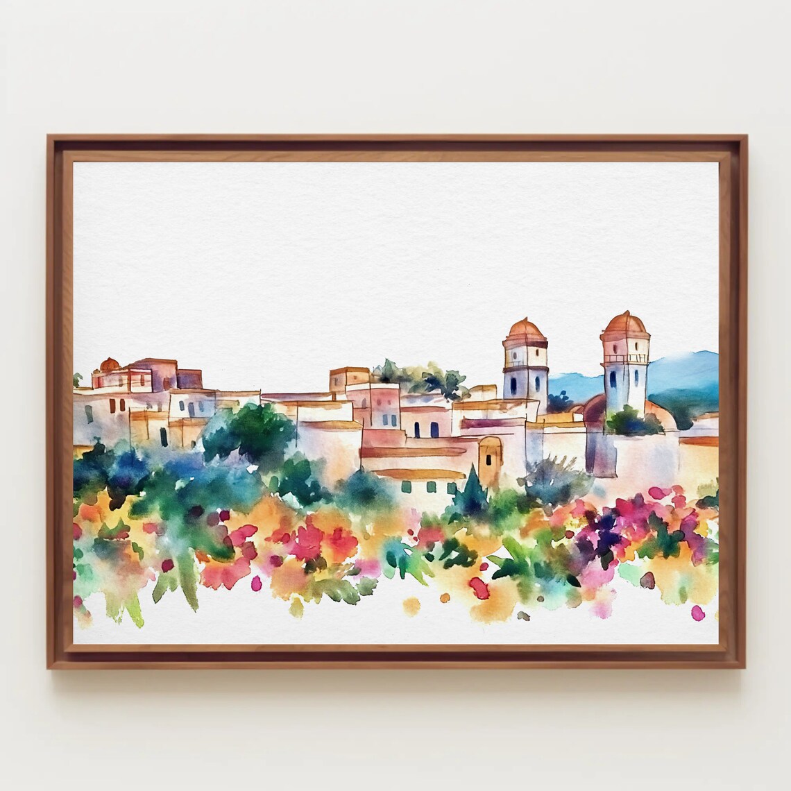Mexican Town Church Towers with Flower Garden Scene Watercolor Poster - Image 5