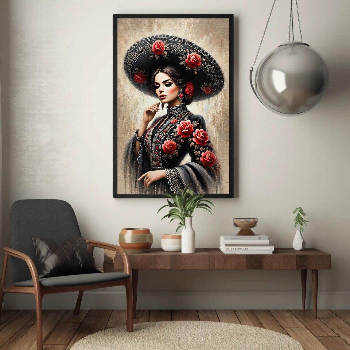 Mexican Woman In A Rose Embroidered Sombrero Folk Art Poster - Image 4