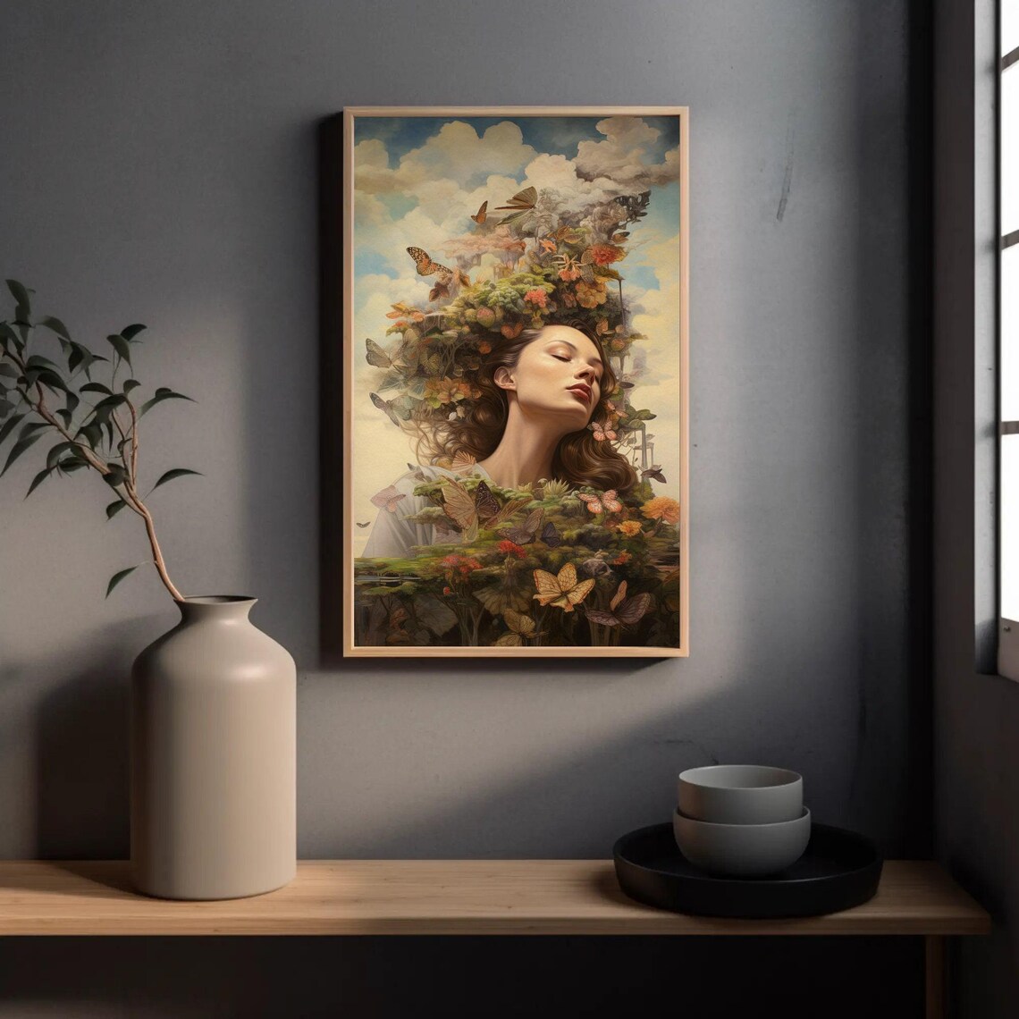 Dreamy Woman with Butterflies and Flowers Rising from Her Hair Poster - Image 4