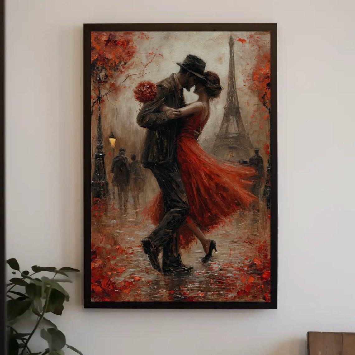 Paris Tango Couple Dancing Under Eiffel Tower Autumn Painting Poster