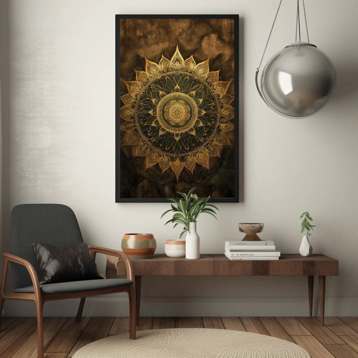 Gold Lotus Mandala Art on Dark Smoky Background Spiritual Wall Poster - Image 4