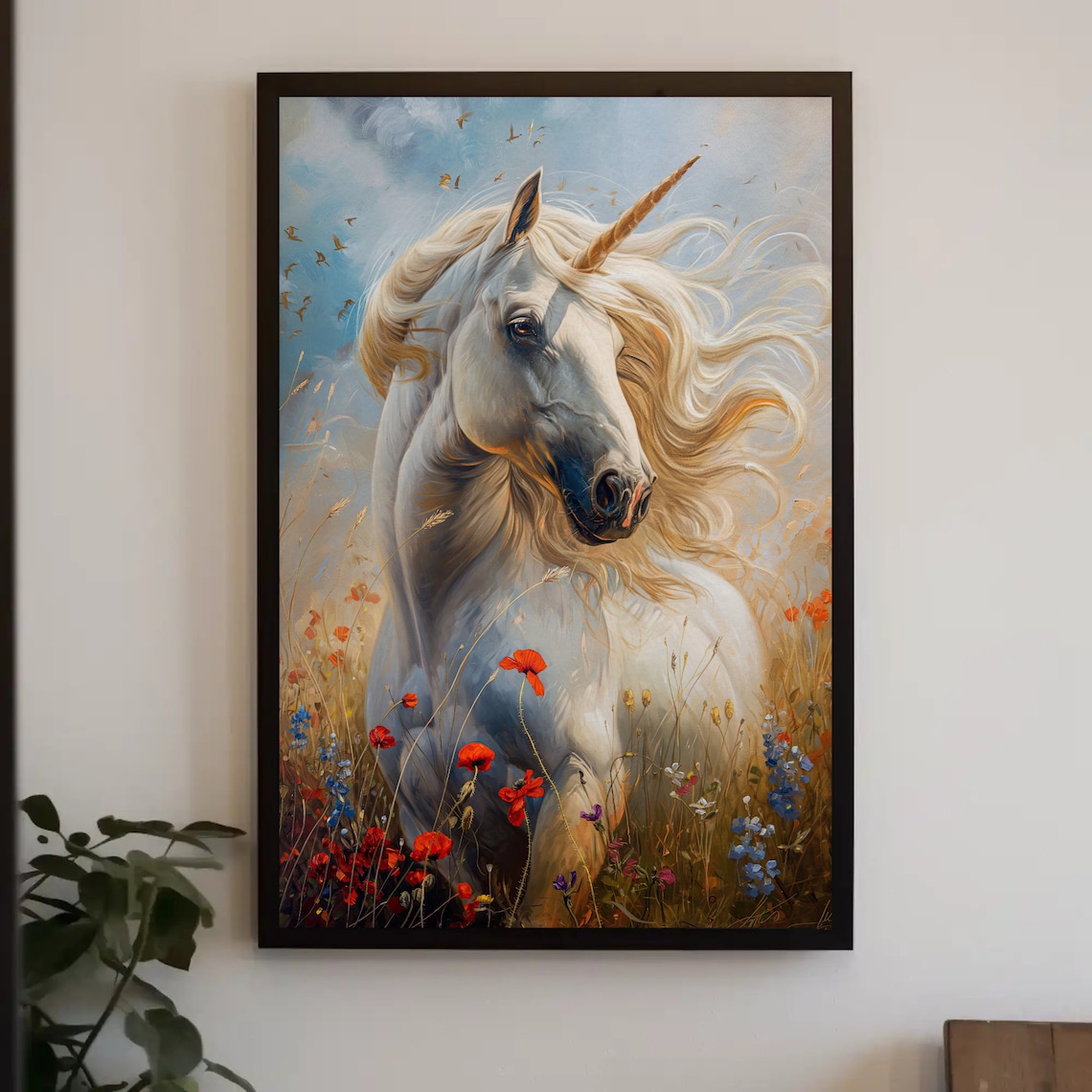 White Unicorn Close-Up Portrait Poster Among Poppies Under Blue Sky