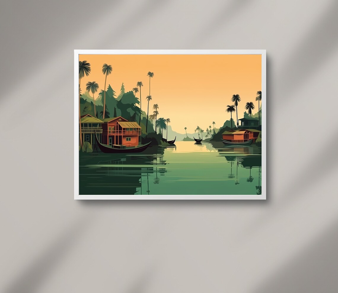 Kerala Backwaters Sunset Houseboats Palm Silhouettes India Art Poster - Image 2