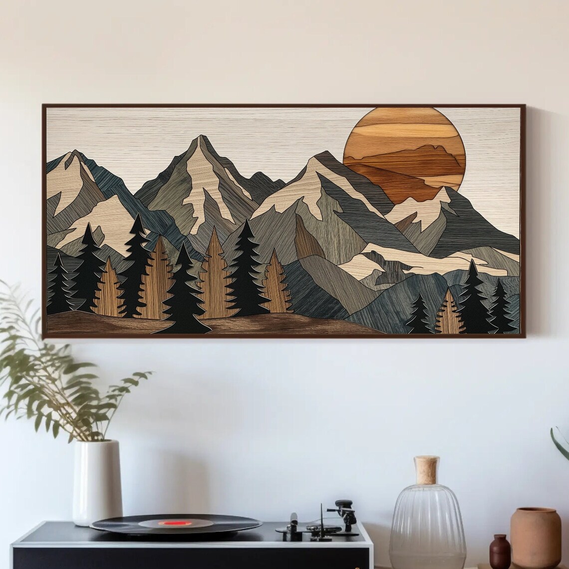 Wood Effect Mountain Wall Art Print, Rustic Decor