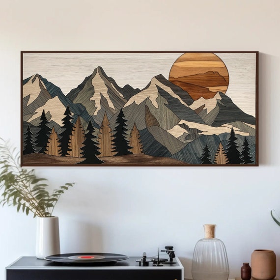 Wood Effect Mountain Wall Art Print, Rustic Decor