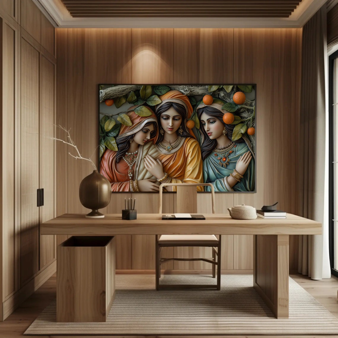 Three Indian Sisters Orange Tree Traditional Dress Relief Poster - Image 4