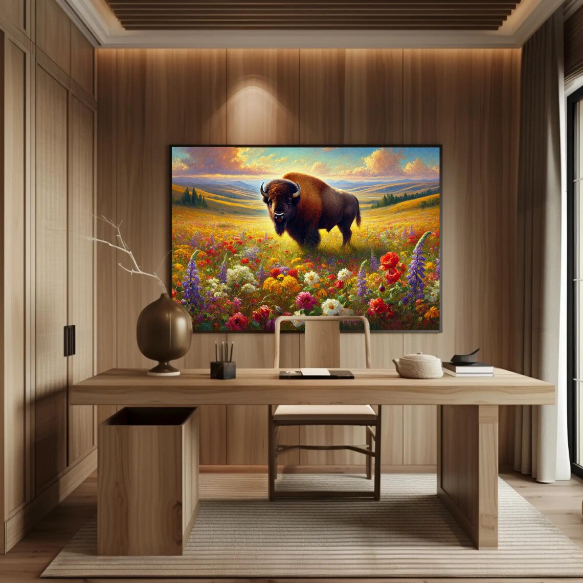Bison Standing in a Sunlit Field of Colorful Wildflowers Poster - Image 3