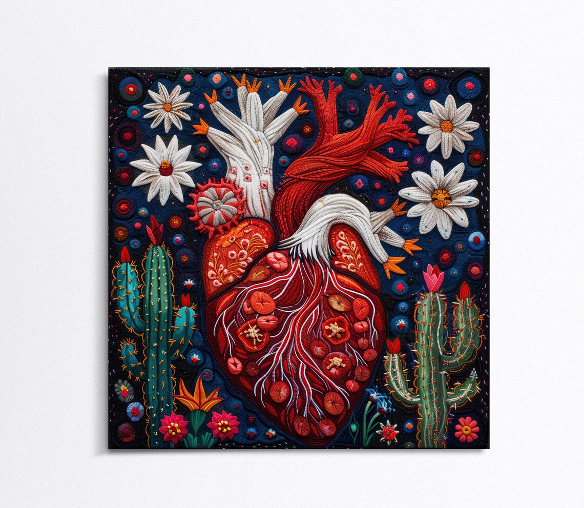 Cactus Flower Heart Huichol Art Print, Mexico - Image 2