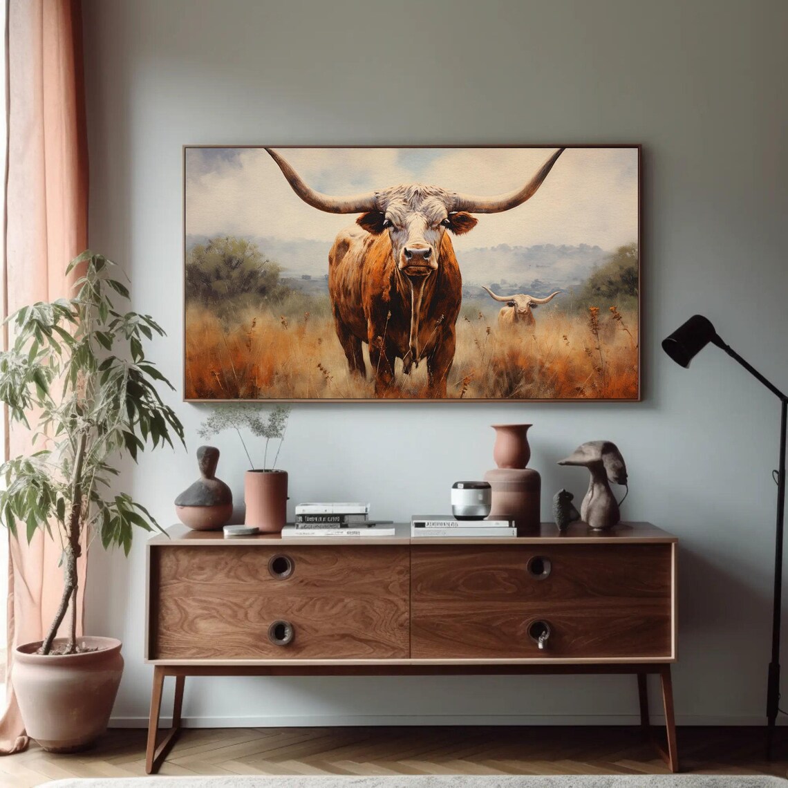 Majestic Texas Longhorn Bull Standing in Golden Prairie Field Poster - Image 4
