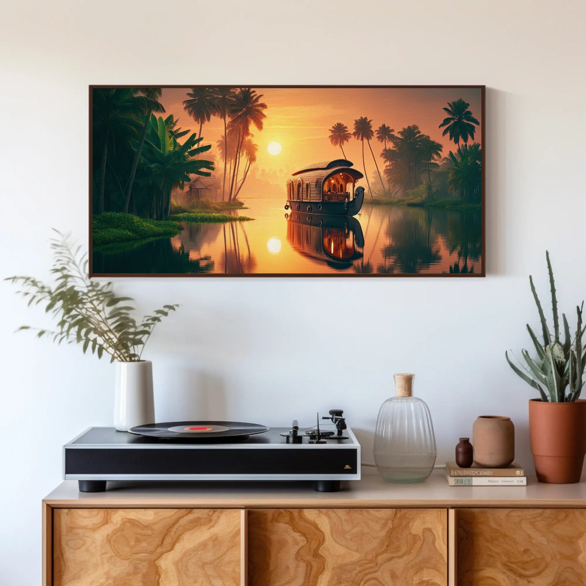 Kerala Backwaters Painting Framed Print Indian Oil Painting Nature And Indian Cultural Decor Ready To Hang Living Room Bedroom - Image 2