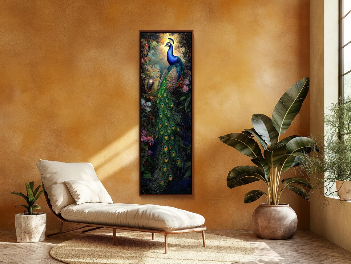 Majestic Peacock Displaying Tail In Tropical Jungle Oil Poster - Image 4