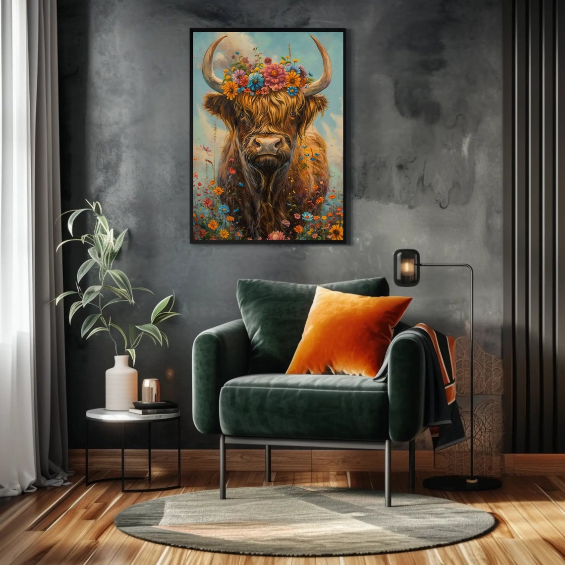 Highland Cow Print Cottage Wall Decor Scottish Print Scottish Cow Wall Art Scotland Painting Wildflowers Cow Painting Ready To Hang - Image 4