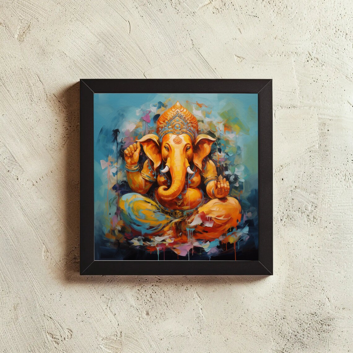 Seated Golden Ganesha on Blue Background Spiritual Art Poster - Image 2