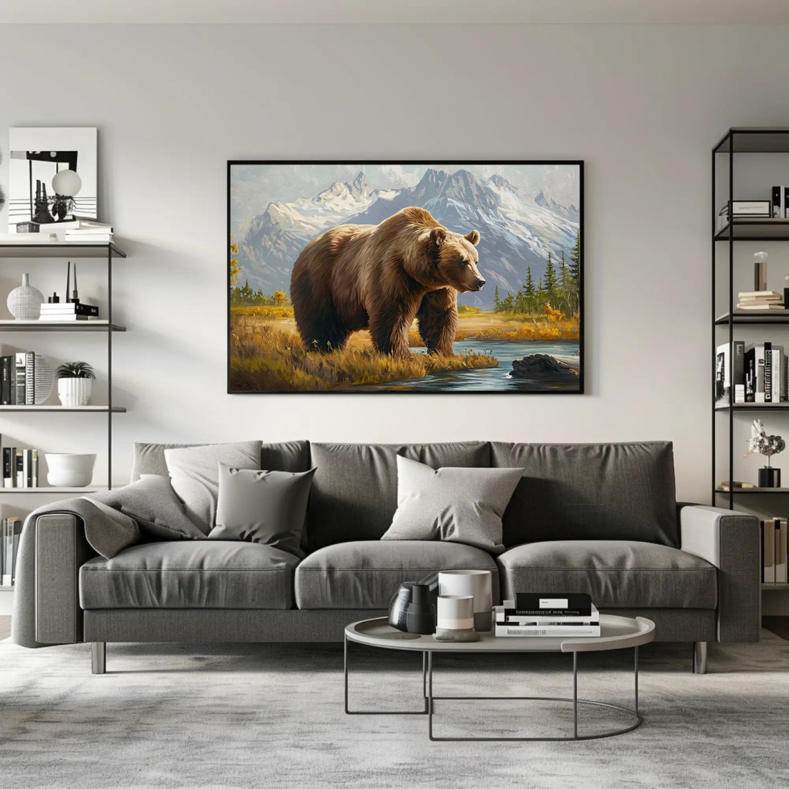 Grizzly Bear By Mountain River In Autumn Rustic Wildlife Art Poster - Image 4