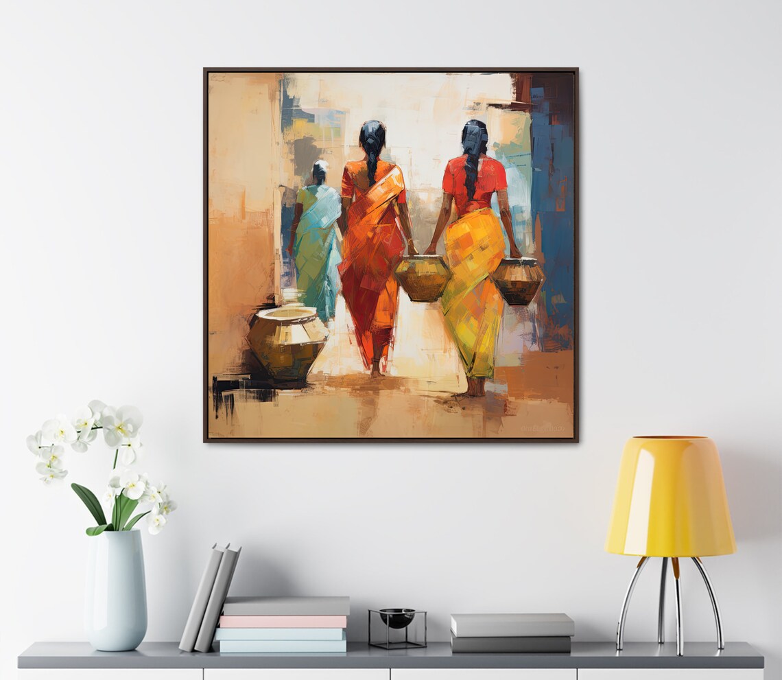 Three Indian Women Carrying Water Pots Street Scene Painting Poster - Image 3