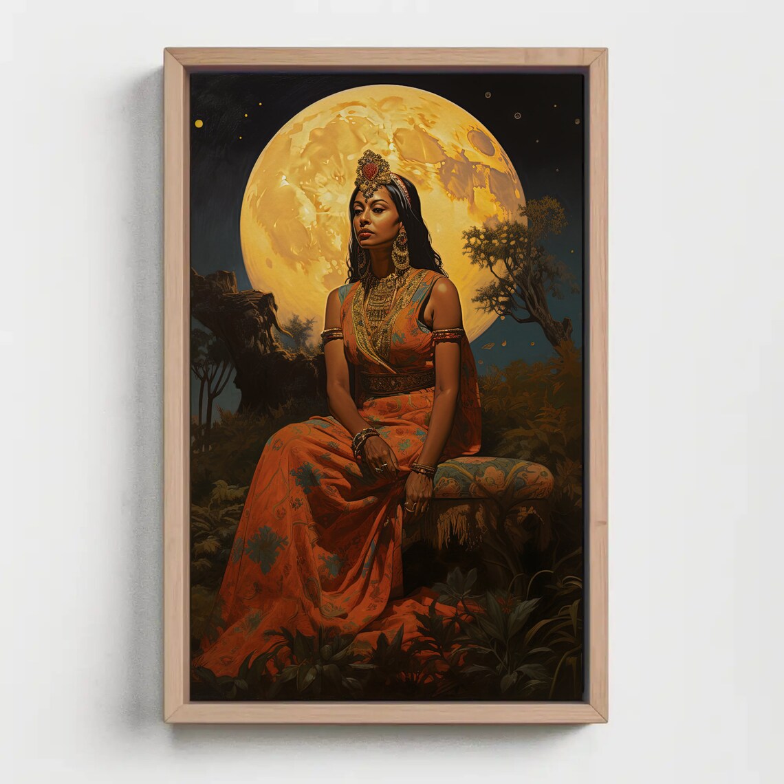 Regal Indian Woman Seated in Jungle Under Giant Full Moon Poster - Image 5
