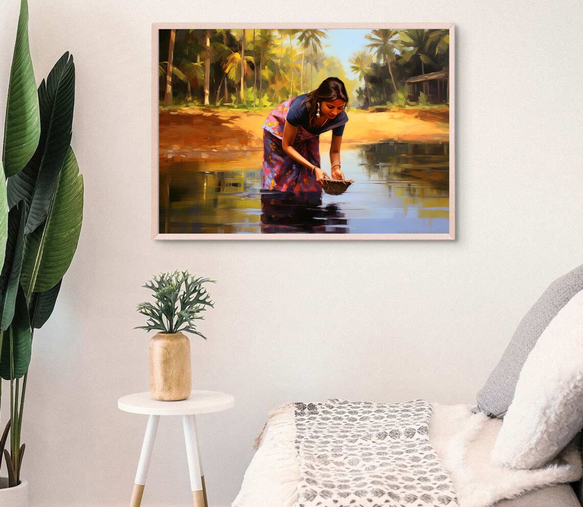 South Indian Woman Gathering Water at a Palm-Lined River Poster - Image 2