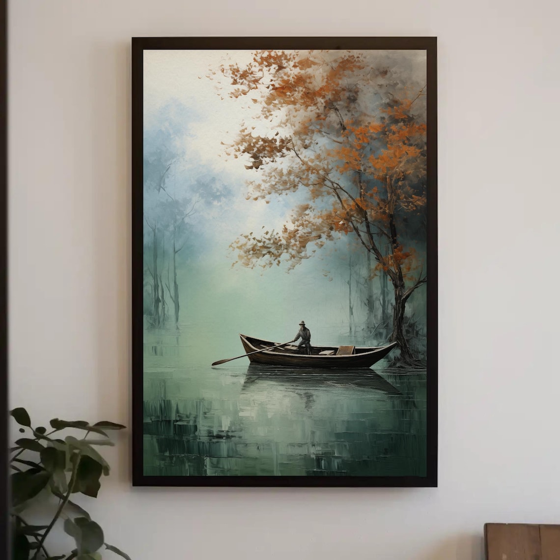 Lone Fisherman Rowing On Misty Autumn Lake Painting Art Poster