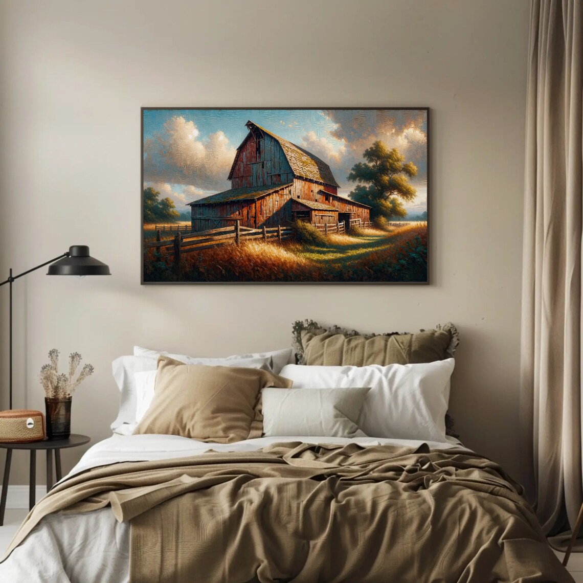 Weathered Wooden Barn In A Golden Field Rustic Farm Painting Poster - Image 5