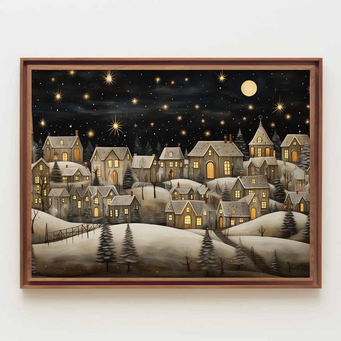 Snowy Christmas Village Panoramic Moonlit Night Scene Poster - Image 3