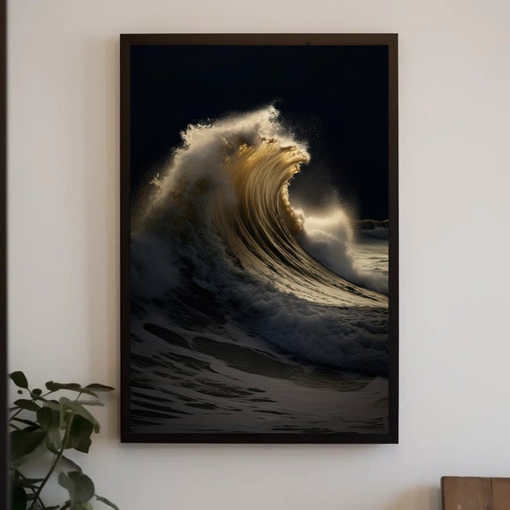 Golden Sunset Waves Dark Background Home Decor Modern Waves Art Print For Hallway Or Living Room Surfer Wall Art