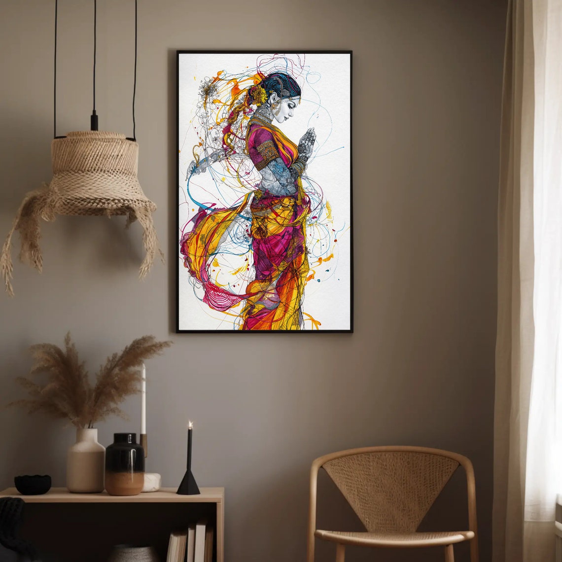 Indian Woman in Namaste Greeting Pose Abstract Line Art Poster - Image 4