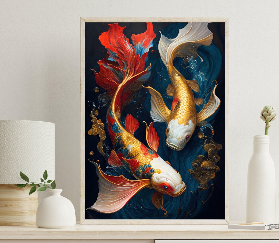 Ornate Koi Fish Pair Flowing Fins Dark Water Colorful Art Poster