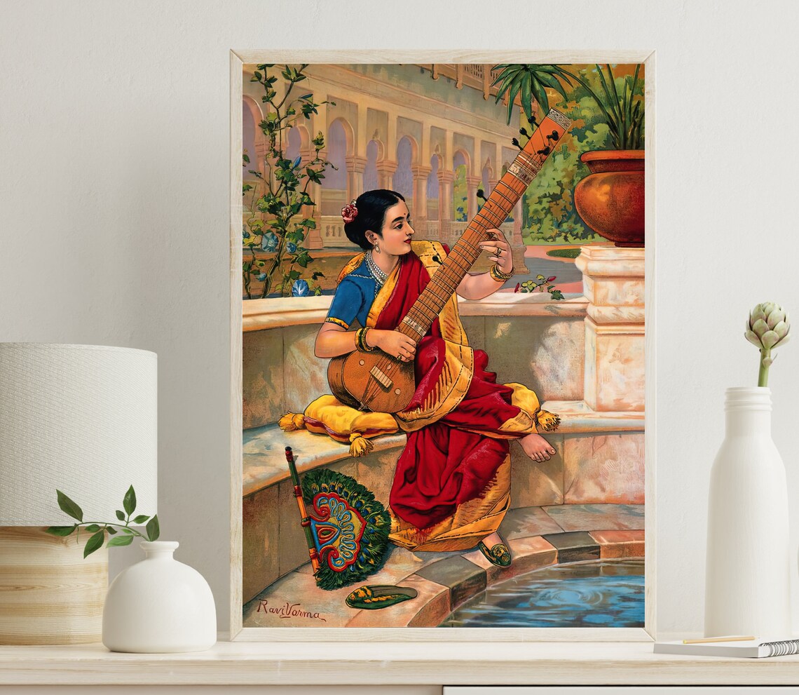 Indian Woman Playing Sitar, Vintage Indian Art Print