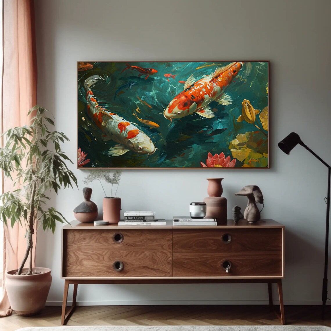 Koi Fish Swimming in Teal Pond with Lotus Flower Painting Poster - Image 5