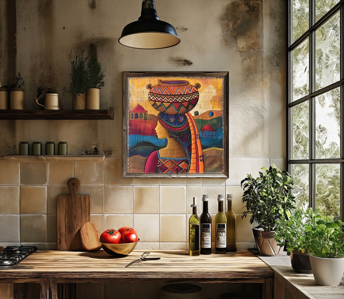 Indian Woman Carrying Water Pot Textile Art Poster Embroidery Style - Image 4