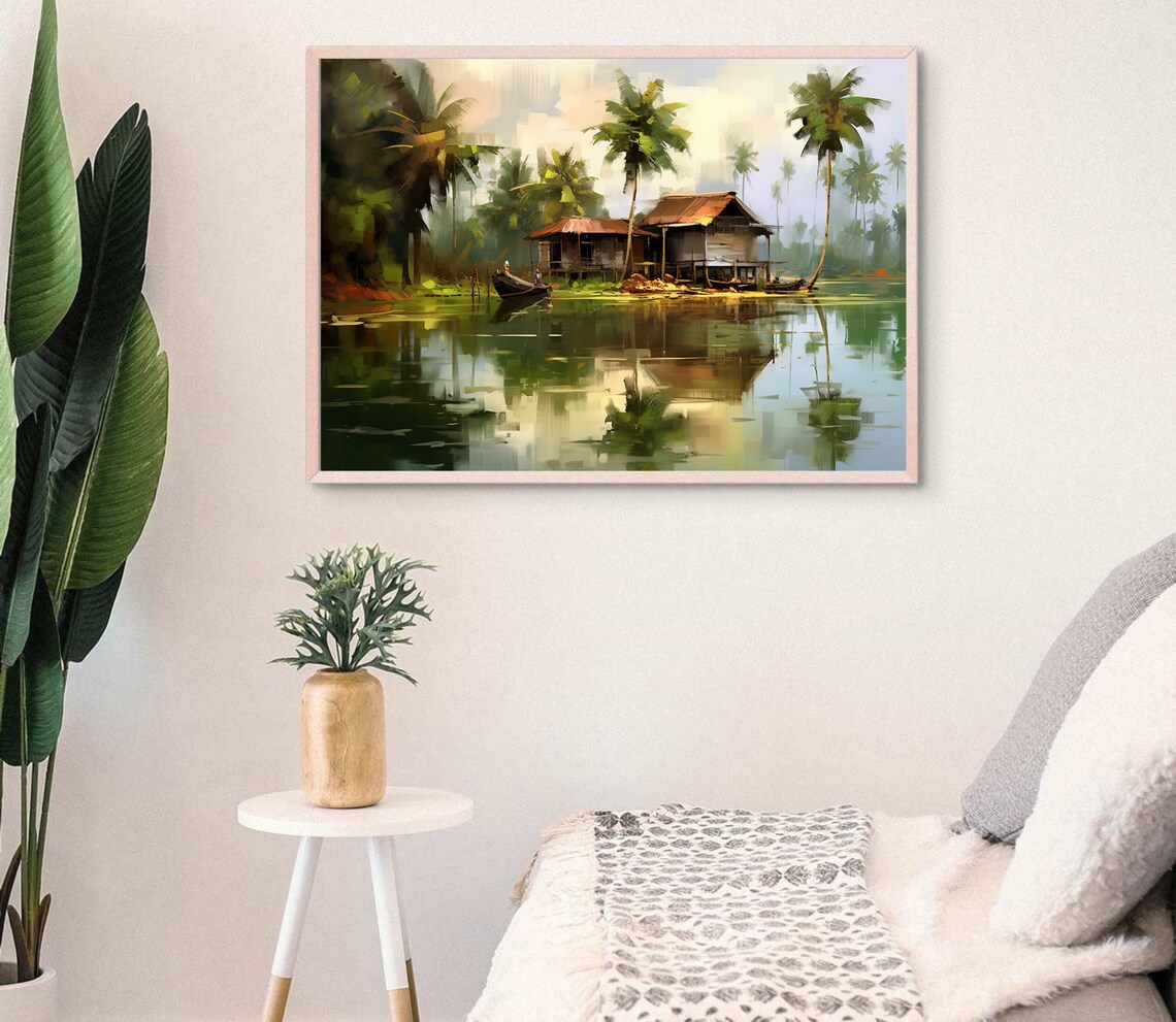 Kerala Backwater Stilt House With Coconut Palms and Canoe Poster - Image 3