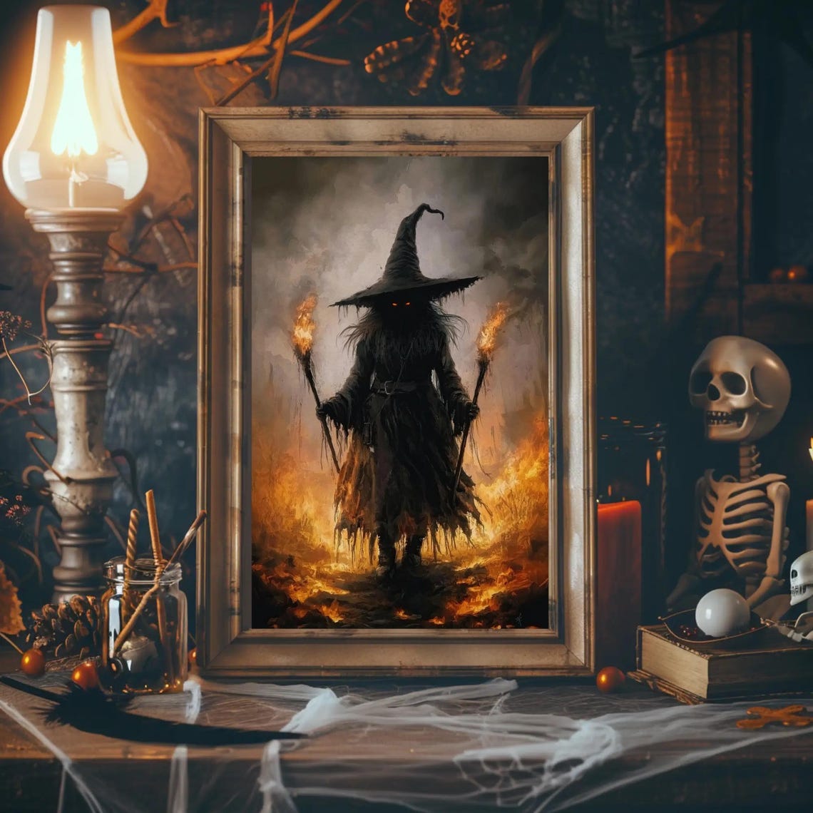 Witch Torch Fire Spooky Gothic Ornate Frame Halloween Poster - Image 3