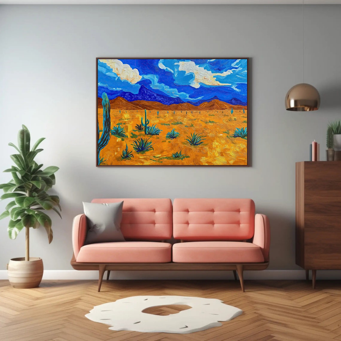 Golden Desert Cactus Field Blue Mountain Impasto Landscape Poster - Image 3