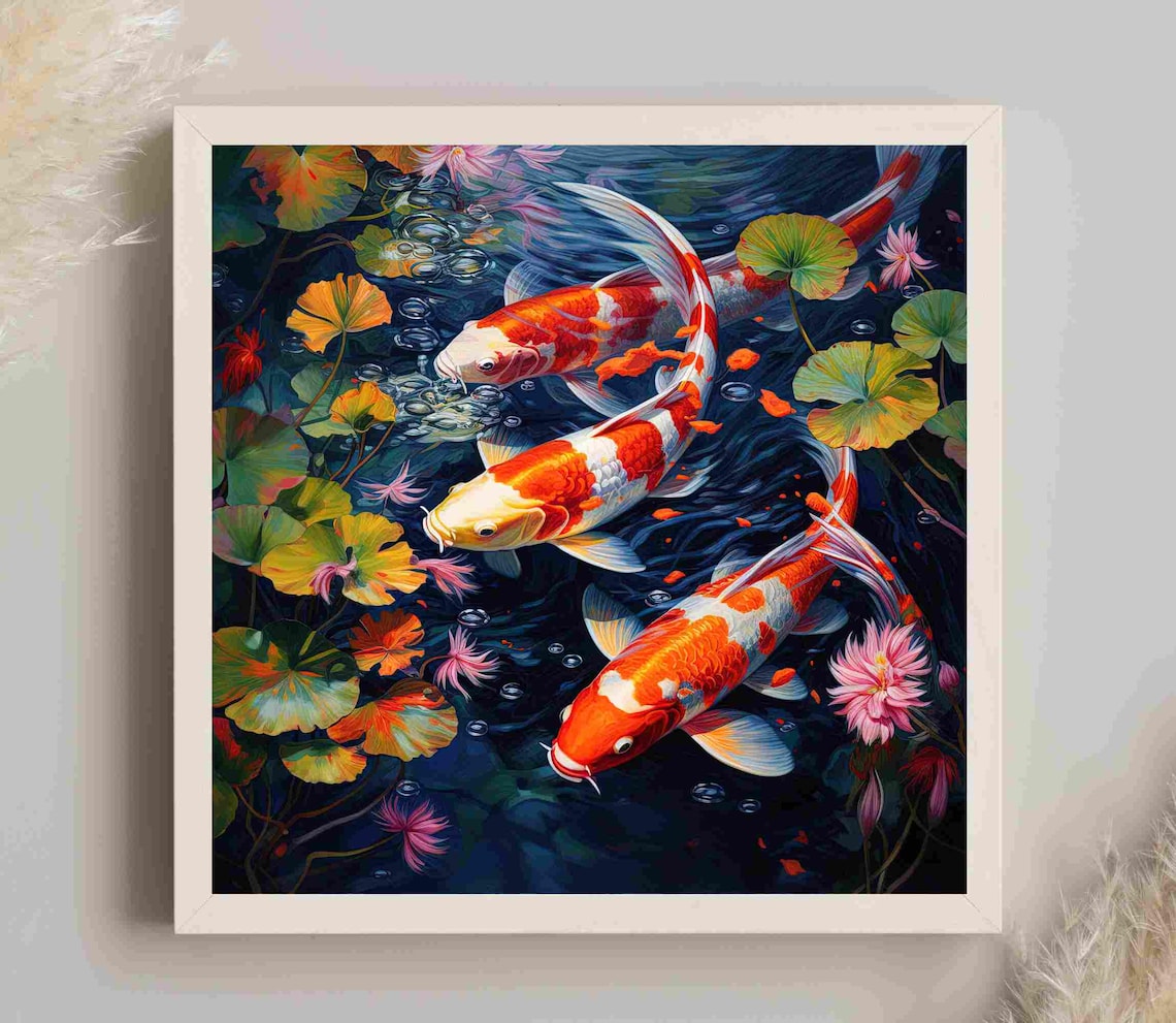 Three Colorful Koi Fish Among Lotus Lily Pads Oil Painting Poster