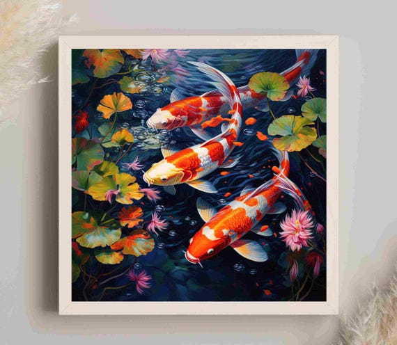 Koi Fish Pond Oil Painting Koi Fish Pond Large Print Colorful Wall Art Koi Fish Art Koi Fish Print Home Decor