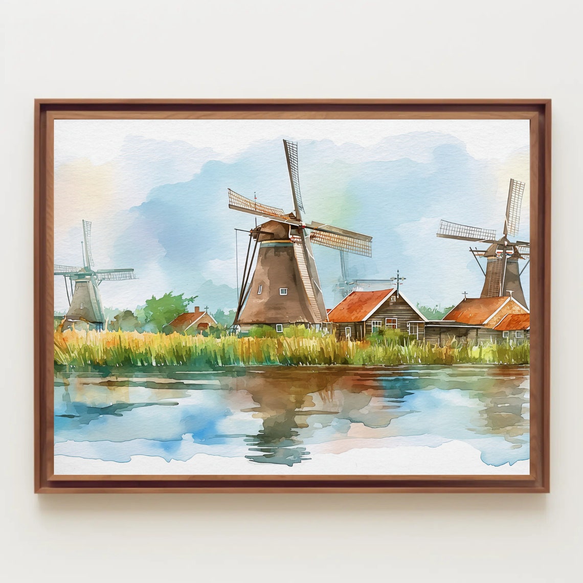 Dutch Windmills River Reflections Watercolor Countryside Poster - Image 3