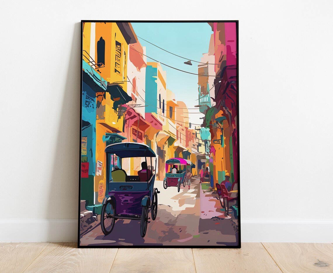 Old Delhi Street Cycle Rickshaws Vibrant India Travel Art Poster - Image 4