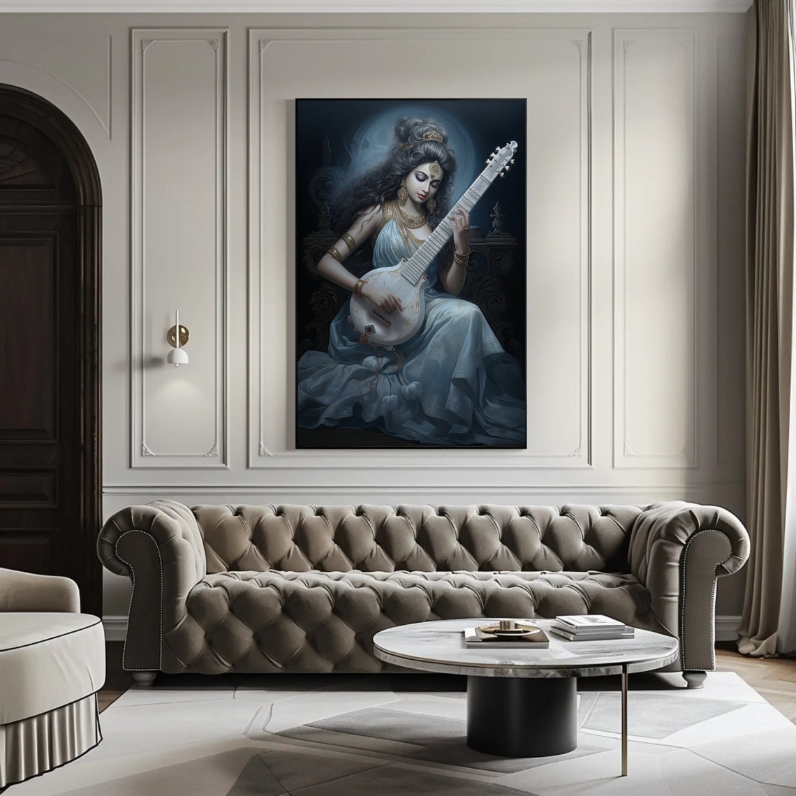 Hindu Goddess Saraswati Veena Blue Saree Deity Painting Wall Art - Image 2