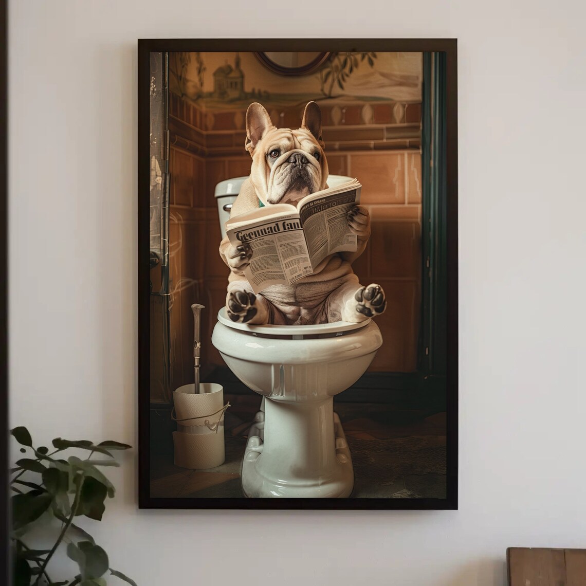 French Bulldog Reading Newspaper on Toilet Funny Bathroom Poster - Image 4