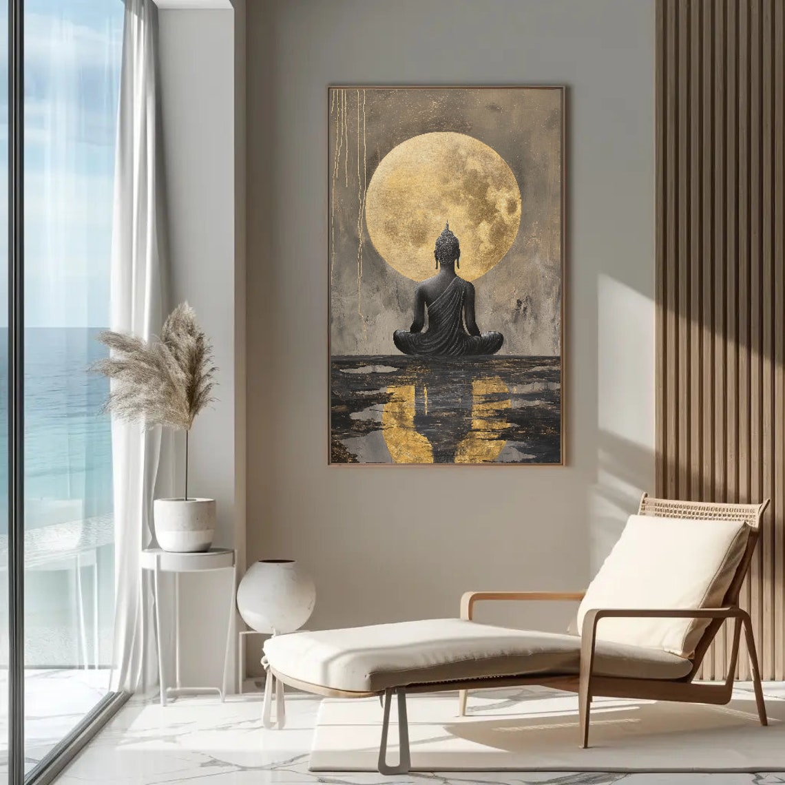 Buddha Meditating Under Golden Full Moon Water Reflection Poster - Image 2