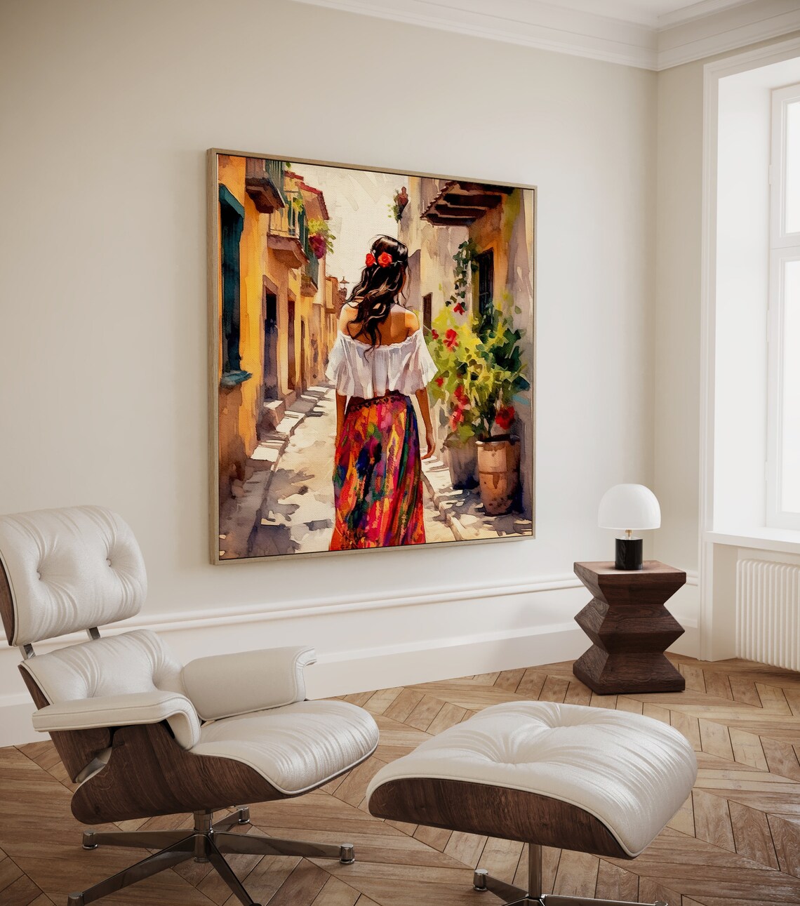 Mexican Woman In Colorful Skirt Walking A Sunlit Old Town Alley Poster - Image 2