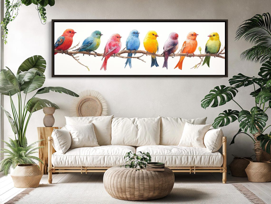 Eight Colorful Birds On A Branch Panoramic Nature Art Poster